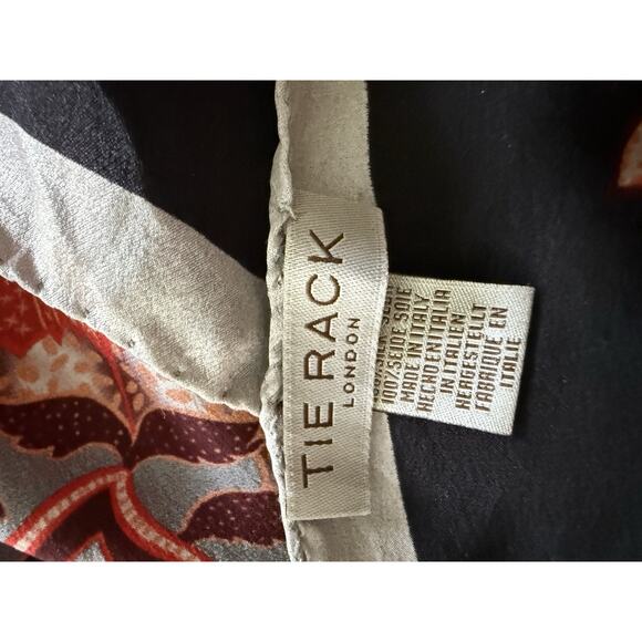 Tie Rack London Silk Scarf Rolled Hem Square Black Red Floral Geometric Artsy - Picture 8 of 9
